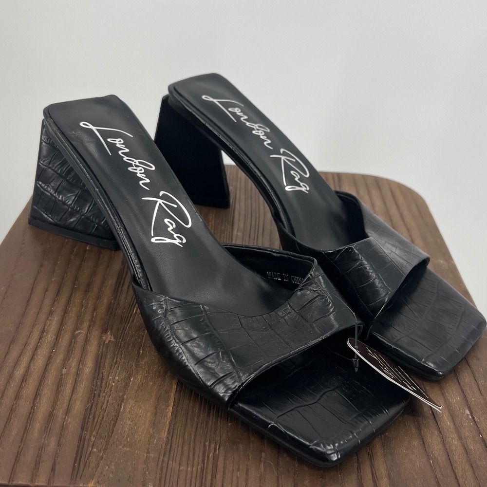 London Rag Black Croc Embossed Square Toe Triangular Block Heel Slide Sandals 10